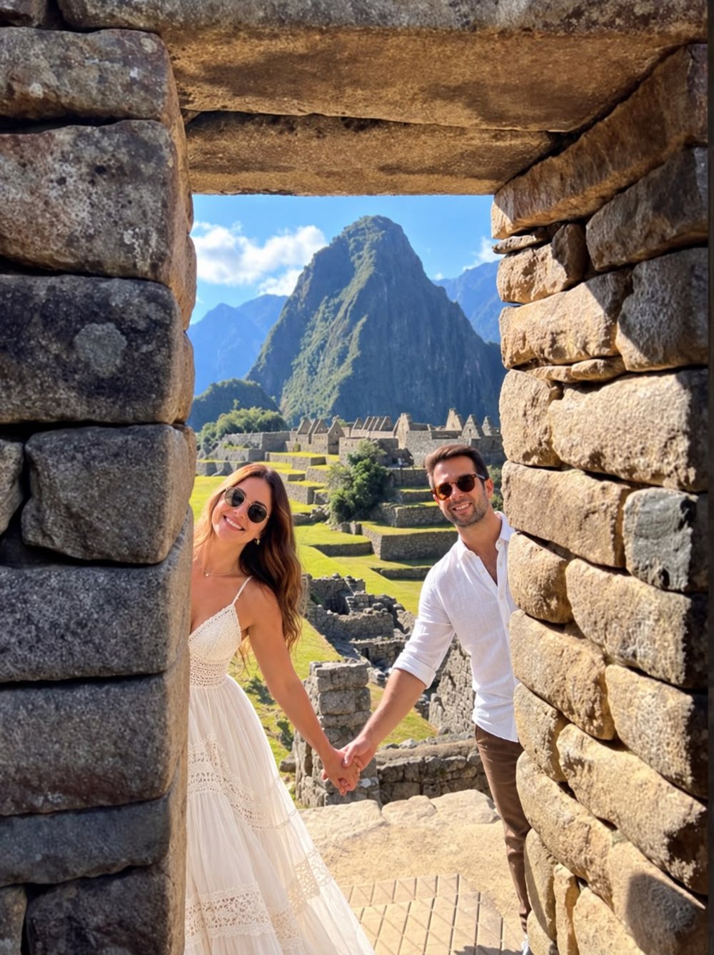 Couple holding hands in an Inca doorway framing Huayna Picchu